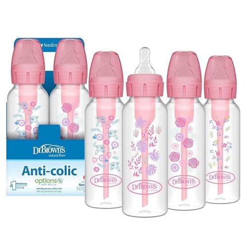 Dr. Brown's Natural Flow Anti-Colic Options+ Narrow Baby Bottle, Pink Floral, 8 oz/250 mL, with Level 1 Slow Flow Nipples, 0m+, 4 Pack