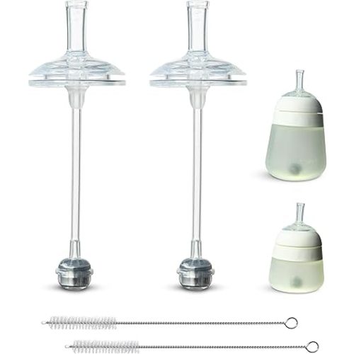 Straw Cup Conversion Kit for Nanobébé Flexy Silicone Baby Bottles 2-Count, Soft Food Grade Silicone Sippy Spout Nipples and Weighted Straw, Cleaning Brush, BPA Free, 6+ Months (Straw Kit)