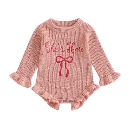 Baby Girls Knitted Romper Embroidery Bow Letters SHE is HERE Ruffled Sweater Winter Newborn Infant Clothes