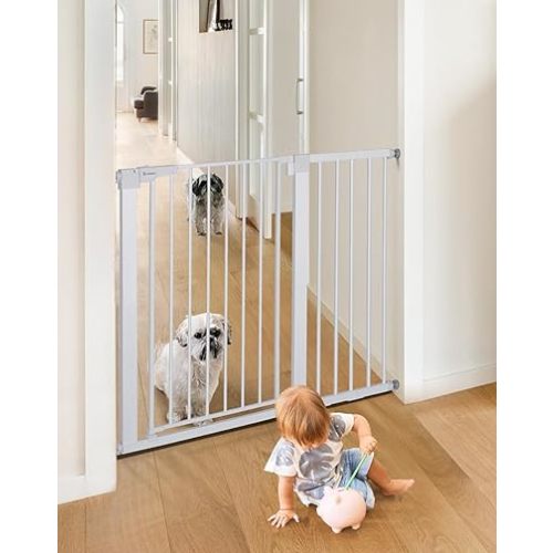 COMOMY 36" Extra Tall Baby Gate for Stairs Doorways, Fits Openings 29.5" to 46" Wide, Auto Close Extra Wide Dog Gate for House, Pressure Mounted Easy Walk Through Pet Gate with Door, White
