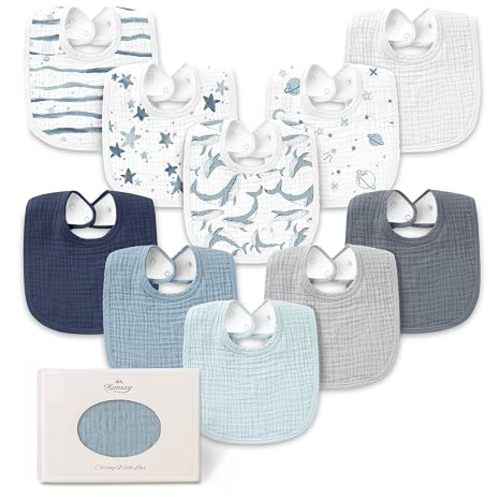 Konssy 10-Pack Muslin Baby Bibs for Drooling and Teething | Soft & Absorbent, Cotton Front with Fleece Backing, Adjustable Fit, Wash Durable, for Boys and Girls Ages 0-36 Months (Blue)