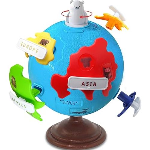 Spinning Globe for Children–Interactive Geography Learning Toy for Kid 3+, 8" Educational Puzzle Globe with 6 Continent & 12 Animial | STEM Geography Game for Kids 4-8, Preschool Birthday Gift