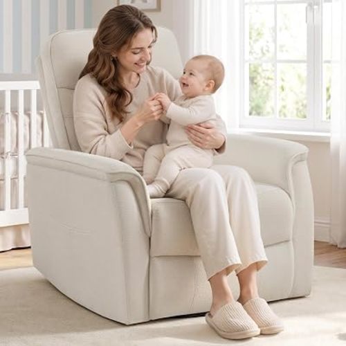 Recliner Chair for Adults, Power Chenille Nursery Rocker Recliner Massage and Heat, Oversized Swivel Reclining Chair with USB Ports for Living Room, Office Cream Beige