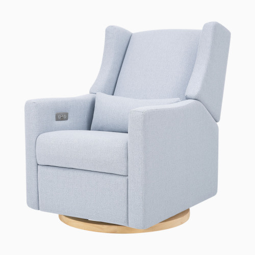 babyletto Kiwi Electronic Recliner and Swivel Glider - Performance Blue Chambray Eco-Twill With Light Wood Base