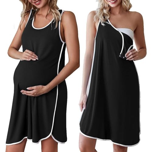 Ekouaer Labor and Delivery Gown for Hospital 3 in 1 Nursing Dress Sleeveless Maternity Snap Button Breastfeeding Nightgown
