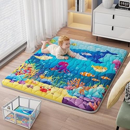 Baby Play Mat, 71"x59" Soft Thicker Playpen Mat, Non-Slip Baby Play Mat for Floor, Portable & Waterproof, Machine Washable Crawling Play Mat for Babies,Toddlers and Infants to Play and Learn,Sea World
