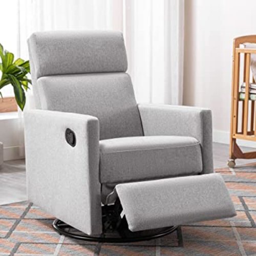 LUMISOL Swivel Rocking Recliner Chair for Adults, Nursery Swivel Glider Chair Manual Reclining Single Sofa Chair, Linen Upholstered Glider Rocker Recliner with High Back, Gray