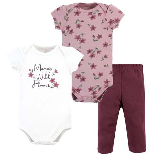 Hudson Baby Infant Girl Cotton Bodysuit and Pant Set, Plum Wildflower Short Sleeve, Newborn
