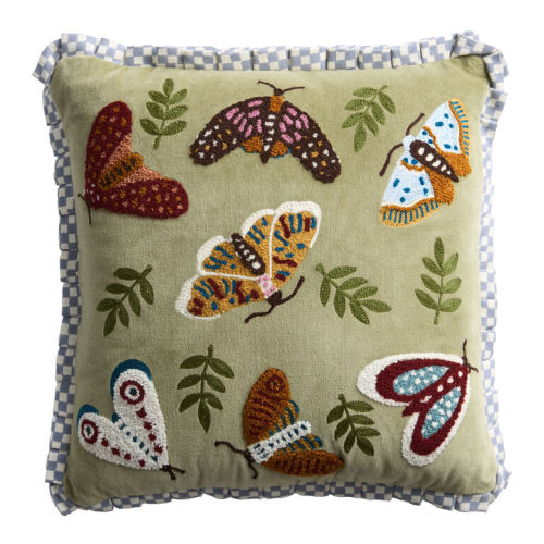 Sage Green Velvet Moths Ruffle Embroidered Throw Pillow