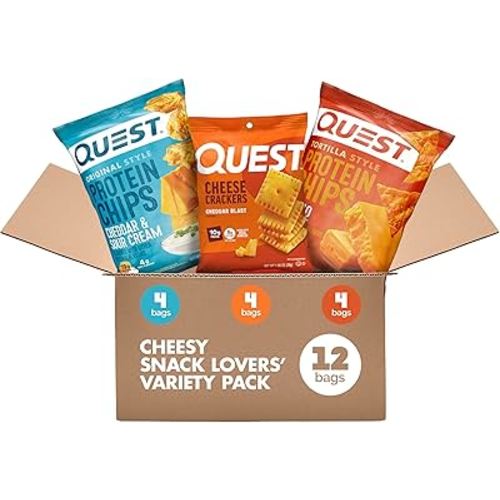 Quest Nutrition Cheese Lovers Variety Pack, Nacho Tortilla Style Protein Chips x4, Cheddar & Sour Cream Chips x4, Cheddar Blast Crackers x4, 12 Count
