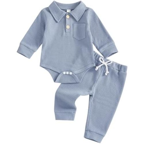 Newborn Baby Boy Clothes Solid Waffle Knit Long Sleeve Button Up Collared Romper Long Pants Set Fall Winter Outfits