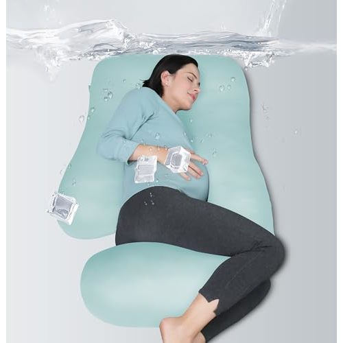 MOON PARK Pregnancy Pillows for Sleeping - U Shaped Full Body Maternity Pillow with Removable Cover - Support for Back, Legs, Belly, HIPS - 65 Inch - Ice Blue - Cooling Cover