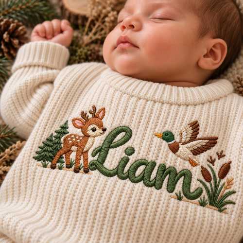 Custom Deer Mallard Duck Embroidered Baby Sweater, Outdoor Nature Woodland Knit Jumper, Hunting Keepsake Newborn, Baby Shower Gift
