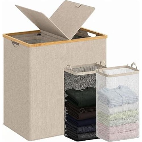 efluky Laundry Hamper with Lid, Double Laundry Basket with 2 Removable Bags, 2 Section Laundry Bin with Bamboo Handles for Bathroom, Bedroom & Laundry Room, 140L (36.9 Gallon) Oat