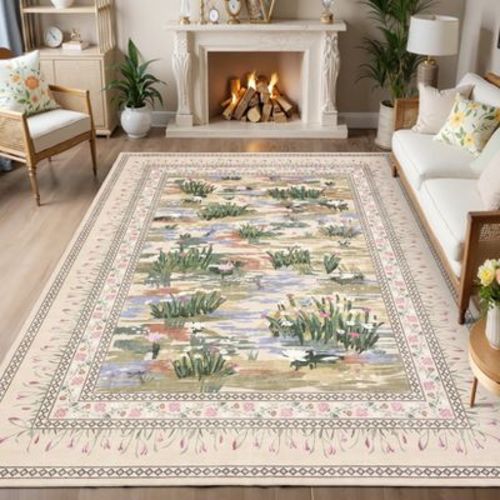 Washable 5x10 Rug for Living Room, Soft Non Slip Floral Bedroom Rugs, Water Lily Pond Cute Nursery Rug, Large Low Pile Stain Resistant Farmhouse Rugs
