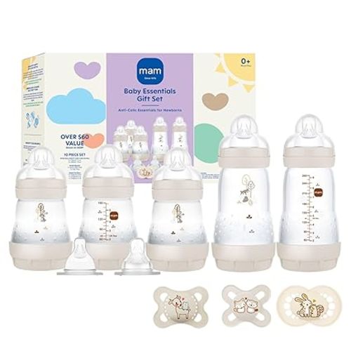 MAM Newborn Essentials Matte Feeding Set with Easy Start Anti-Colic Bottles 5oz, Self-Sterilizing, 0-3 Months Pacifiers and Skinsoft Silicone Nipples, Baby Gift, 10 Pieces