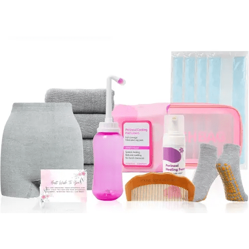 Postpartum Recovery Essentials Kit - Birth Comb,Peri Bottle,Disposable Postpartum Underwear,Perineal Healing Foam,Instant Ice Pads,Cooling Pad Liners,Socks,Canvas Bag,Postpartum Kit Gift Set