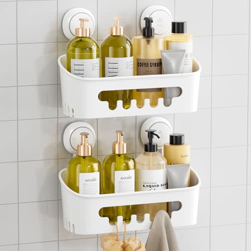 TAILI Shower Caddy Suction Cup 2 Pack, Heavy Duty Bathroom Organizer, Removable Shelves for Inside Shower, Shampoo, Waterproof Suction Plastic Storage for Bathroom Accessories Holder, White