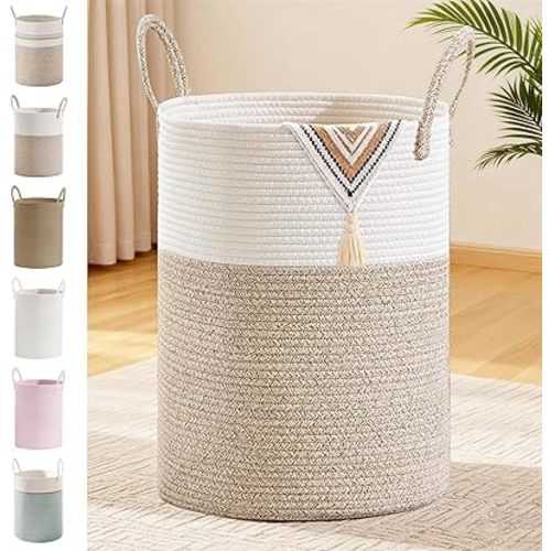 Tall Laundry Basket with Handles, 100L Portable Dirty Clothes Hamper, Boho Cotton Rope Storage Bin for Blankets Kids Toys Gifts, Extra Large Organizer for Baby Nursery Bedroom Bathroom, Brown