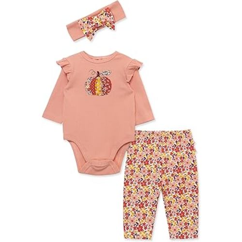 Little Me Baby Girls' 3-Piece 100% Cotton Onesie, Headband, and Pant Set, 0-24 Months