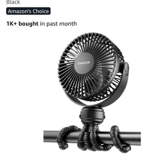 Gaiatop Mini Portable Pram Fan, Rechargeable Small Clip on Fan for Stroller, Detachable 3 Speed 360 Degree Rotate Flexible Tripod Handheld Desk Cooling Car Seat Crib Treadmill Travel Black