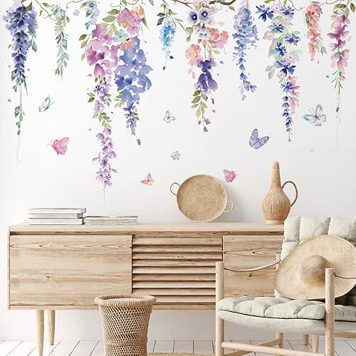 Zonon 6 Pcs Flowers Wall Decals Stickers Vinyl Removable Peel and Stick Colorful Dragonflies Floral Wall Murals Decor for Bedroom Living Room Nursery(Elegant)