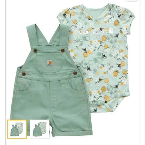 Girls' 2-Piece Short Sleeve Bee Bodysuit & Canvas Shortall Set (Infant) | 9M | Carhartt