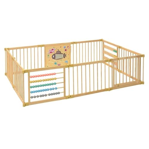 Wooden Playpen Extra Large for Toddlers and Babies - Under The Sea Theme Toy Design - (8/10) Wood Panels - Foldable and Adjustable Baby Play Yard- Extra Large Baby Playpen (10-Panels)
