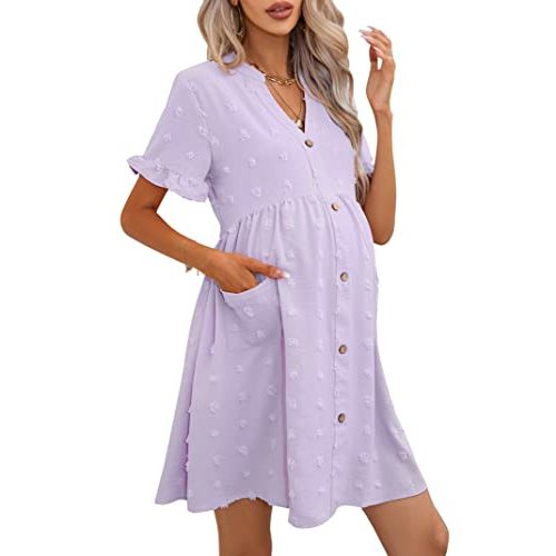 KOJOOIN Maternity Swiss Dot Dress Summer V Neck Short Sleeve Button Down Mini Dress Baby Shower Photoshoot with Pockets