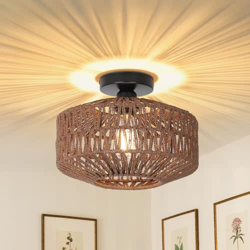 Boho Rattan Light Fixtures, Dimmable Ceiling Light with LED Bulb, Hand Woven Rattan Chandelier for Bedroom, Living Room, Entryway (Dark Brown)
