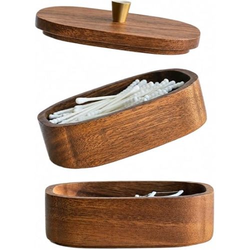 Acacia Wood Qtip Holder Bathroom Jars with Lids, Double-Layer Canisters for Cotton Ball/Round/Pads, Floss Pick Storage, Jars for Bathroom Countertop/Vanity Organizer, Home Decor