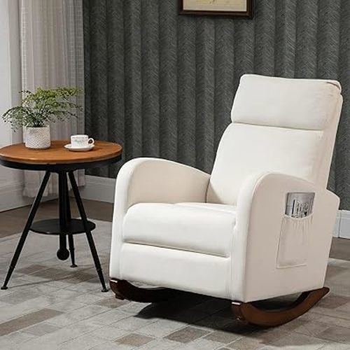 HOMREST Nursery Rocking Chair with Side Pocket, Upholstered Rocker Glider with Thick Padded Cushion for Living Baby Room, Beige