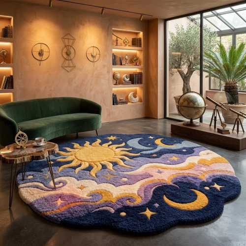 Hand-Tufted Celestial Sun Moon Rug | 3D Textured Galaxy Carpet, Nursery Floor Mat