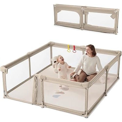 Baby Playpen with Double Door, 79"×71" Extra Large Playpen for Babies and Toddler,Play Yard with Breathable Mesh, Baby Fence Play Area for Indoor & Outdoor,Khaki