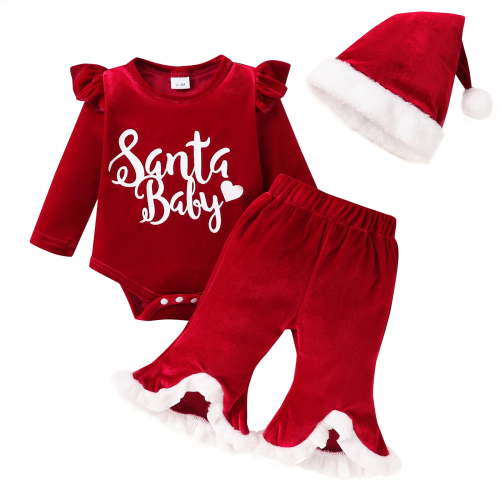 Younger Tree Newborn Baby Girl Christmas Outfits Toddler Red Santa Long Sleeve Romper Pants Hat Clothes Set for 0-3 Months