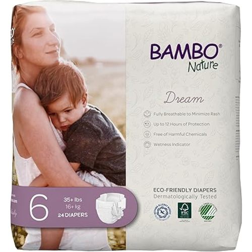 Bambo Nature Hypoallergenic Dream Baby Diapers, Premium Eco-Labeled Sustainable Diapers, Enhanced Leakage Protection, Totally Chlorine-free, Skin Friendly, and Super Absorbent - Size 6 (72 Count)