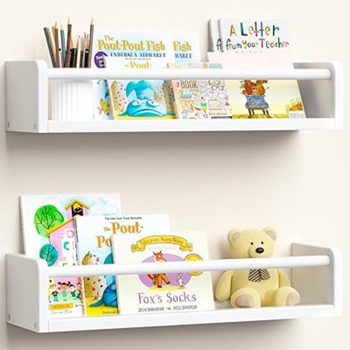 upsimples 2 Pack Nursery Book Shelves, 15.7 Inch Floating Bookshelves for Wall, Baby Nursery Decor, Small Solid Wood Wall Mounted Shelves for Baby Kids Boys Girls, White