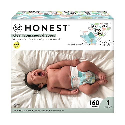 The Honest Company Clean Conscious Diapers | Plant-Based, Sustainable | Above All + Barnyard Babies | Super Club Box, Size 1 (8-14 lbs), 160 Count