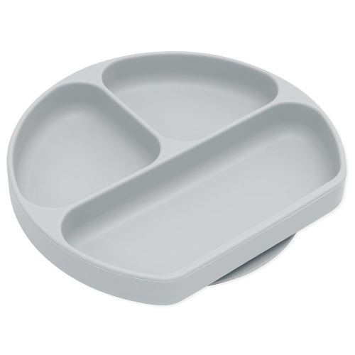 Bumkins Toddler and Baby Suction Plate, Divided Grip Dish for Babies and Kids, Baby Led Weaning, Feeding Supplies, Sticks to Tables and Highchairs, Platinum Silicone, for Chidren 6 Months, Gray