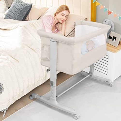 BABY JOY Bassinet Bedside Sleeper, 3 in 1 Folding Crib w/Adjustable Height, Mattress, Lockable Wheels, Storage Pocket & Carry Bag for Infant Newborn, Stationary & Rock, Portable Baby Bassinet (Beige)