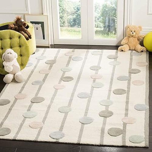 SAFAVIEH Kids Collection Accent Rug - 4' x 6', Ivory & Multi, Handmade Polka Dot Stripe Wool, Ideal for High Traffic Areas in Entryway, Living Room, Bedroom (SFK909A)