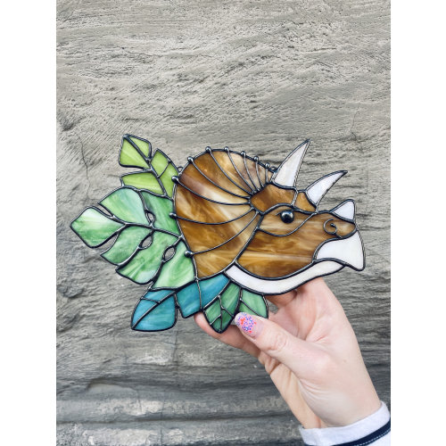 Suncatcher Dinosaur Triceratops Unicorn Stained glass Nature Ornament Monstera Animal Home House Panel Wall Window Hanging Decor Decoration