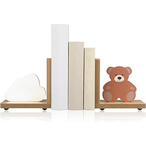 Harloon 2 Pcs Animal Bookends for Kids Wooden Decor Safari Bookends Decor for Girl Children Bedroom Home (Cloud Bear)