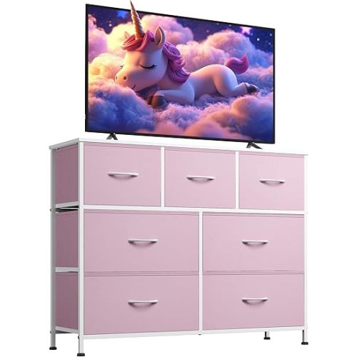 WLIVE 7 Drawer Dresser TV Stand, Entertainment Center, Media Console Table with Metal Frame and Wood Top for TV up to 45 inch, Chest of Drawers for Bedroom, Living Room, A-Pink