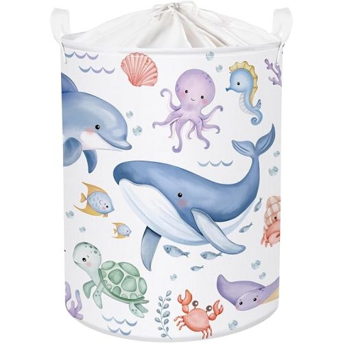 HUUMONSS Sea Animals Laundry Hamper Ocean Fish Coral Large Storage Basket Parents Organizer Kids Clothes Toy Bins for Bedroom, Bathroom, Blue Whales, 63L