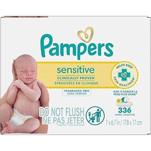 Pampers Sensitive Lot de 4 paquets de lingettes Pop-Top pour bébé, non parfumé, 336 unités