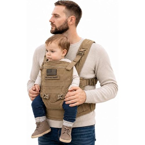 Front Facing Baby Carrier for Dad | Ergonomic Baby Carrier for Men | Infant to Toddler | Military Design Holder with Lumbar Support | Great for Hiking and Travel | MOLLE Compatible | Desert Khaki