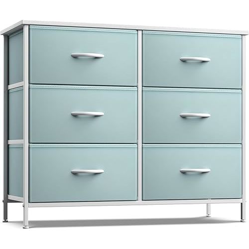 Sorbus Dresser with 6 Drawers - Furniture Storage Tower Unit for Bedroom, Hallway, Closet, Office Organization - Steel Frame, Wood Top, Easy Pull Fabric Bins (6-Drawer, Pastel Aqua)