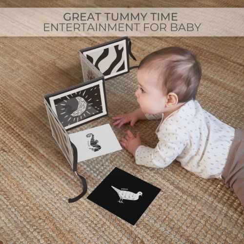 Soft Tummy Time Book with Baby-Safe Mirror - Black & White Montessori Toy with Crinkle & 20 High-Contrast Designs for Infant Development