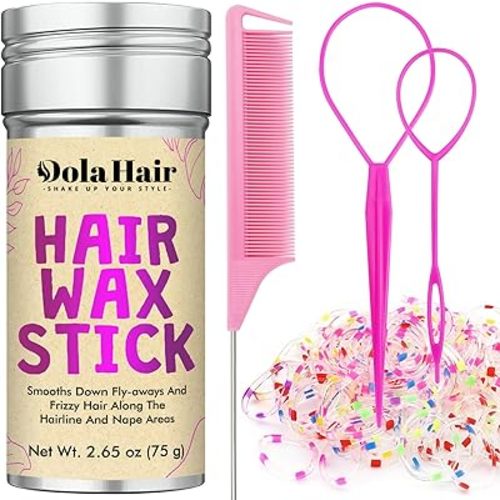 Dolahair Hair Wax Stick & Accessories - Flyaway Control for Kids & Women, 50 Pcs Colorful Elastic Hair Bands, 1 Pcs Slick Back Hair Brush, 2 Hair Loop Styling Tools (Pink)